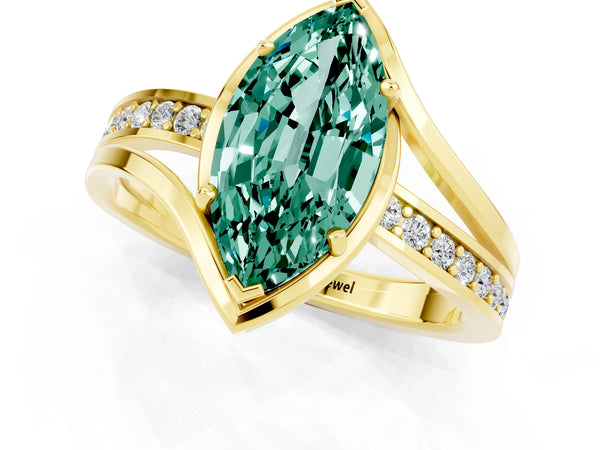 Yellow gold Marquise Cut Green Sapphire Solitaire Ring with Split Shank and Prong Setting