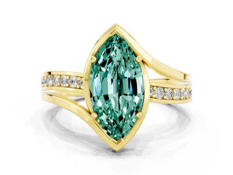 Yellow gold Marquise Cut Green Sapphire Solitaire Ring with Split Shank and Prong Setting