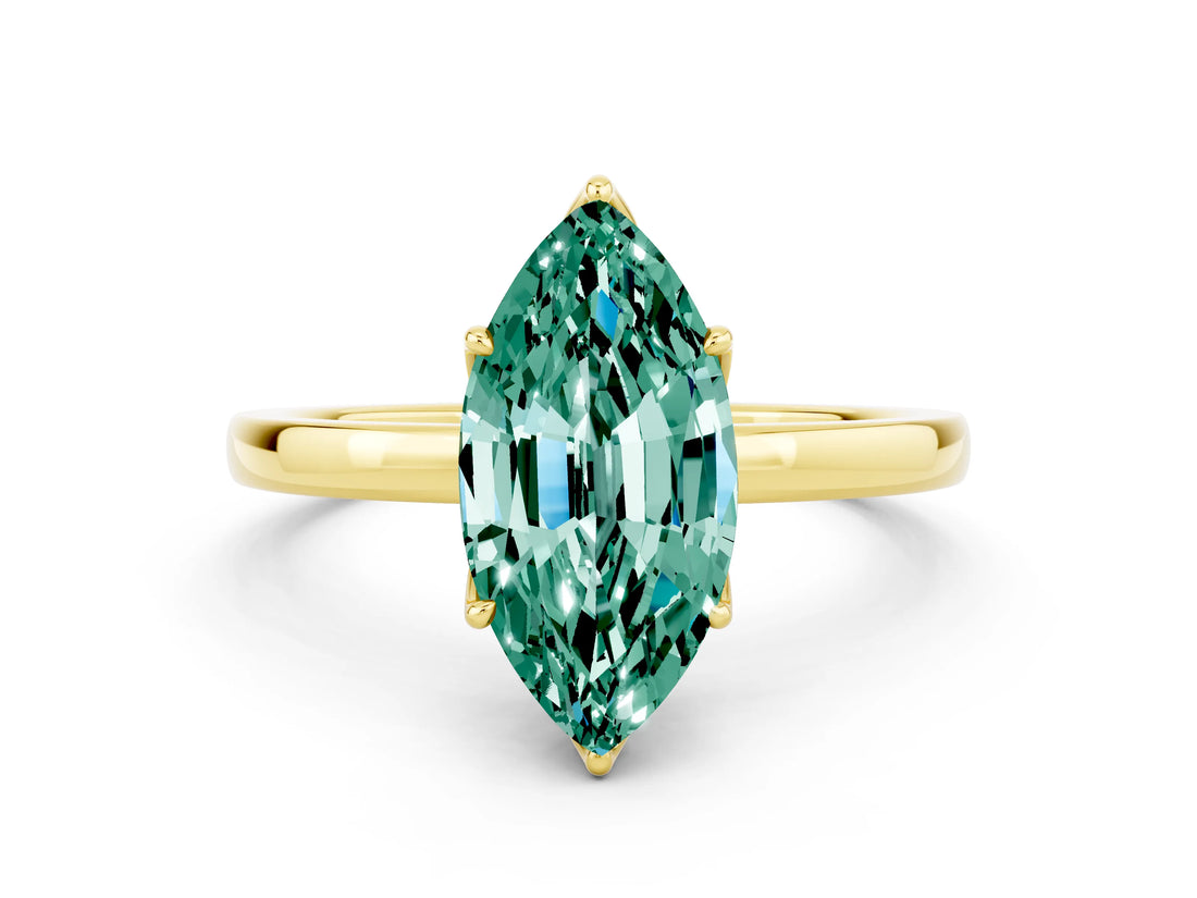 Yellow gold Marquise Cut Green Sapphire Solitaire Ring with Thin Band and Prong Setting_12