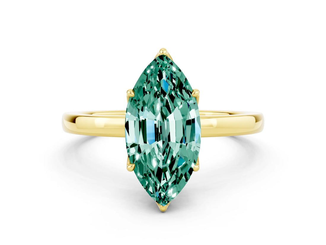 Yellow gold Marquise Cut Green Sapphire Solitaire Ring with Thin Band and Prong Setting_24