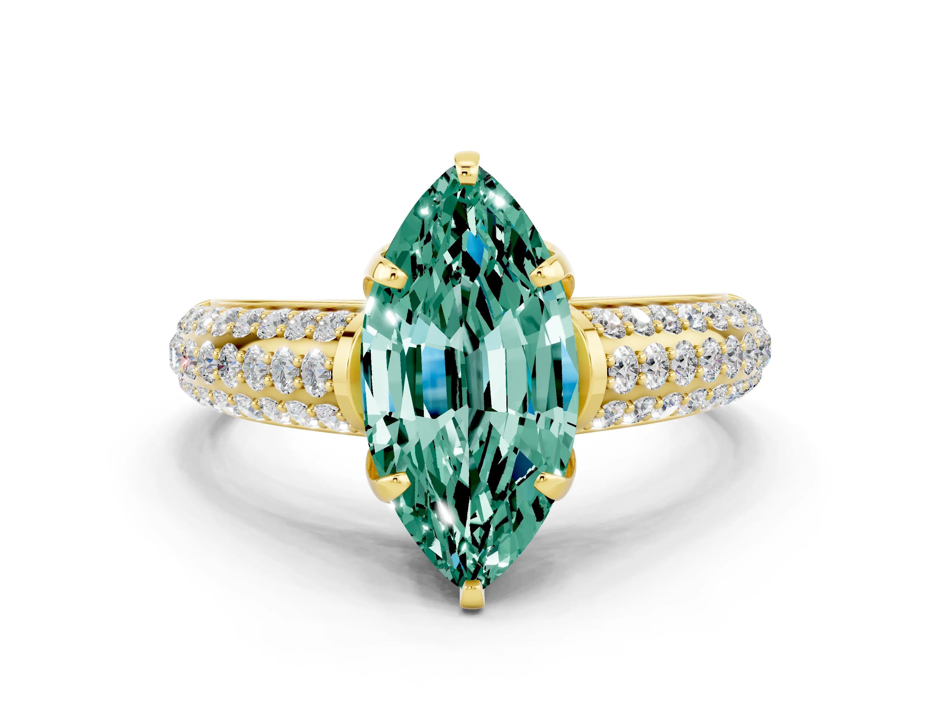 Yellow gold Marquise Cut Green Sapphire Solitaire Ring with Three-Row Pavé Band and Four-Prong Setting_12