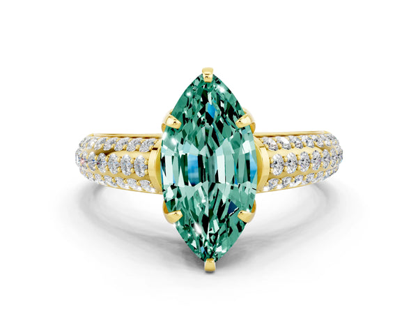 Yellow gold Marquise Cut Green Sapphire Solitaire Ring with Three-Row Pavé Band and Four-Prong Setting
