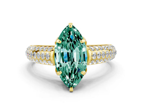 Yellow gold Marquise Cut Green Sapphire Solitaire Ring with Three-Row Pavé Band and Four-Prong Setting_12