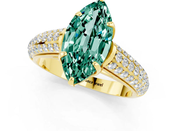 Yellow gold Marquise Cut Green Sapphire Solitaire Ring with Three-Row Pavé Band and Four-Prong Setting