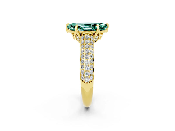 Yellow gold Marquise Cut Green Sapphire Solitaire Ring with Three-Row Pavé Band and Four-Prong Setting