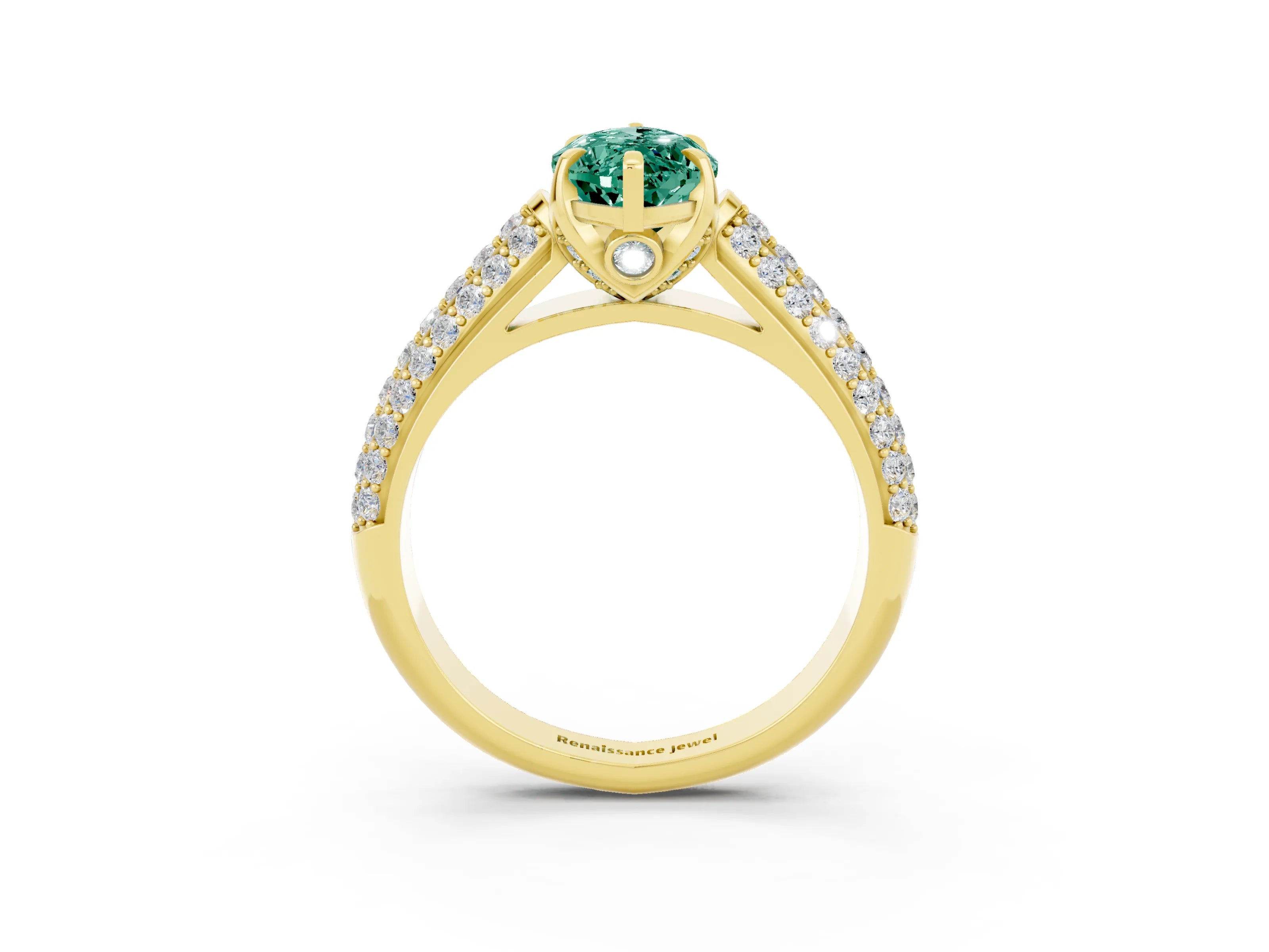 Yellow gold Marquise Cut Green Sapphire Solitaire Ring with Three-Row Pavé Band and Four-Prong Setting_15