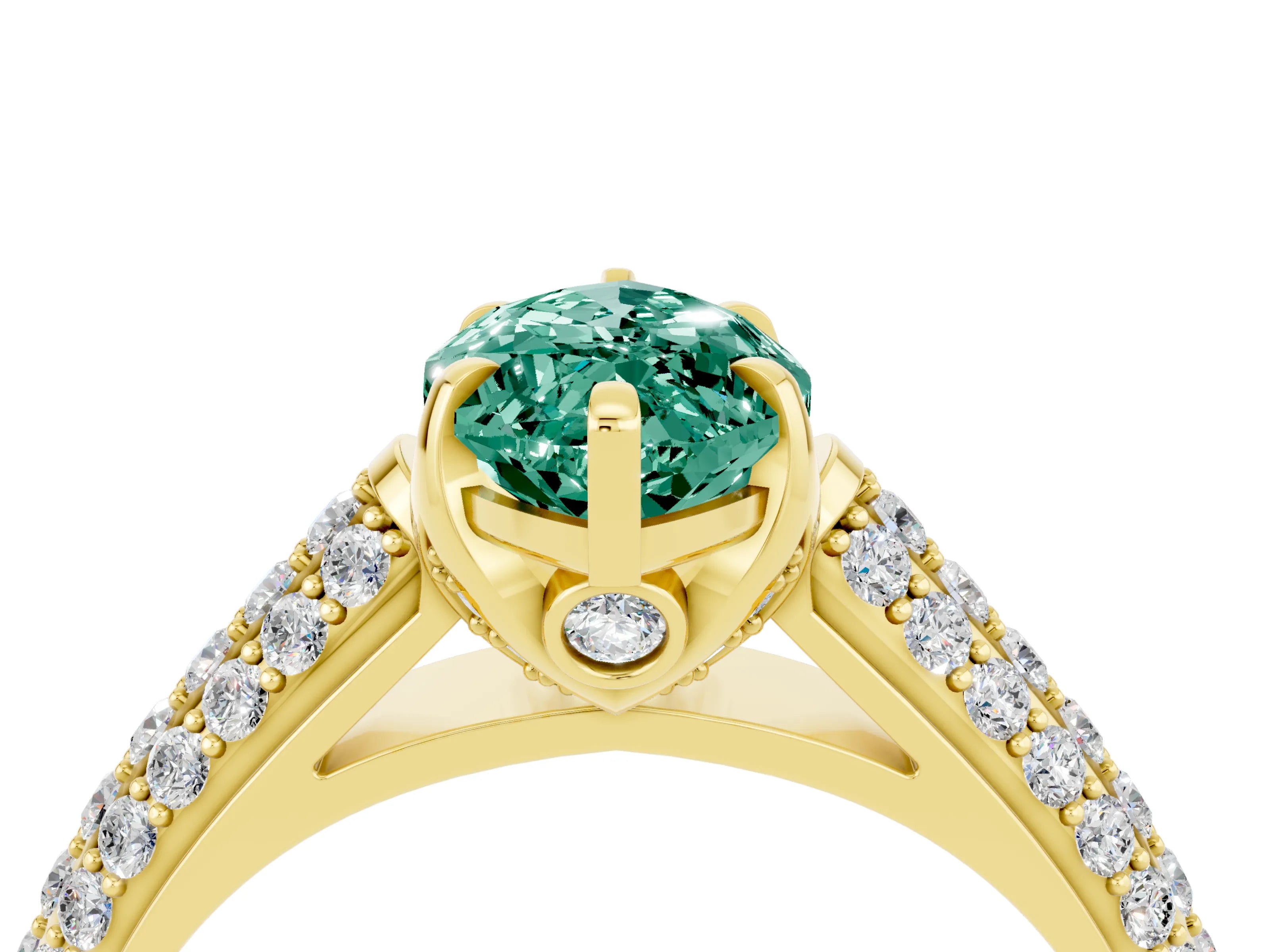 Yellow gold Marquise Cut Green Sapphire Solitaire Ring with Three-Row Pavé Band and Four-Prong Setting_16