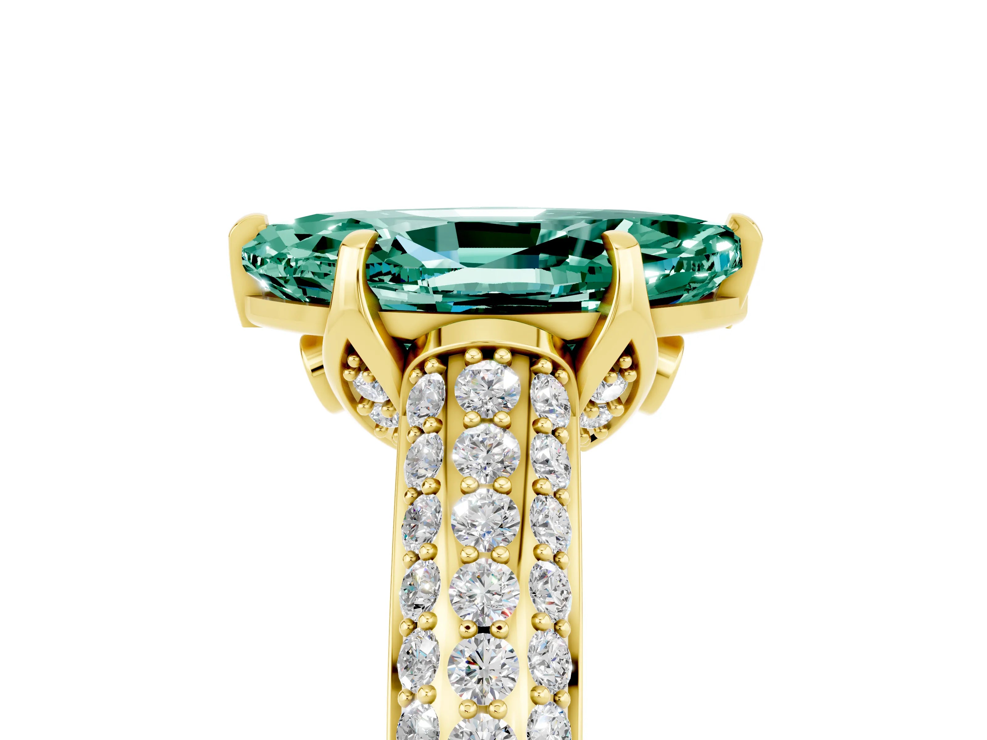Yellow gold Marquise Cut Green Sapphire Solitaire Ring with Three-Row Pavé Band and Four-Prong Setting_17