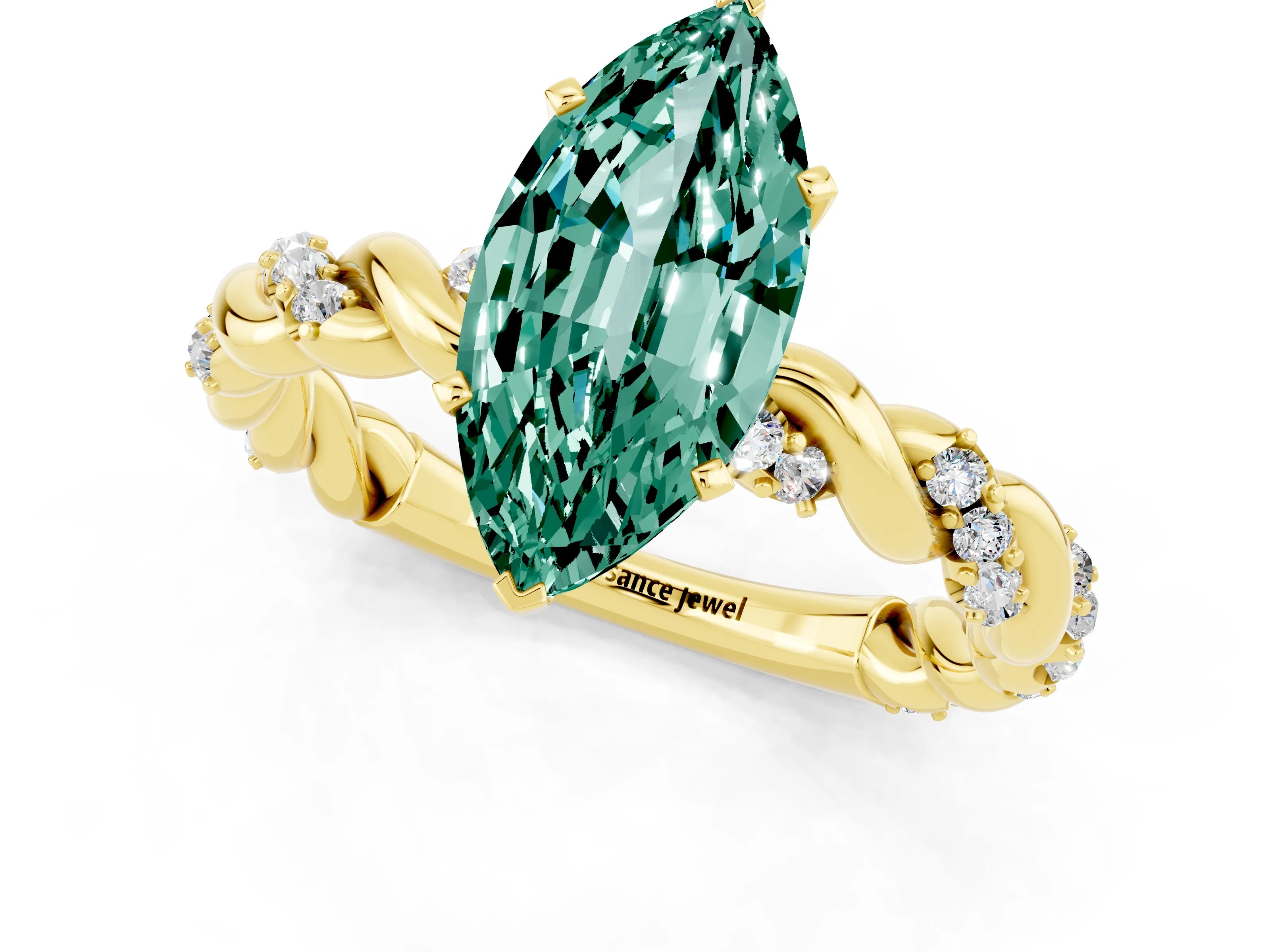 Yellow gold Marquise Cut Green Sapphire Solitaire Ring with Twisted Band and Pavé Accents_1