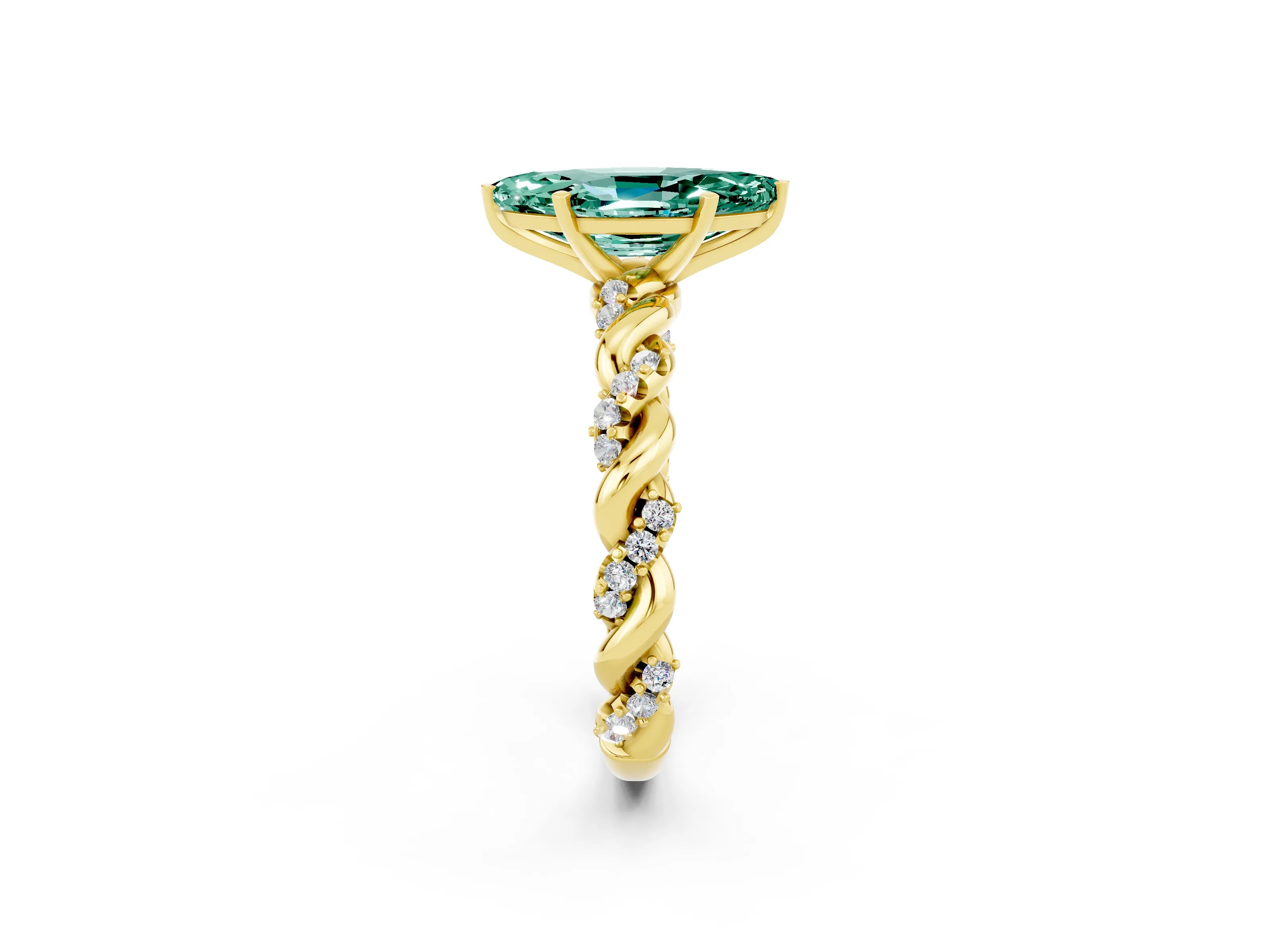 Yellow gold Marquise Cut Green Sapphire Solitaire Ring with Twisted Band and Pavé Accents_2