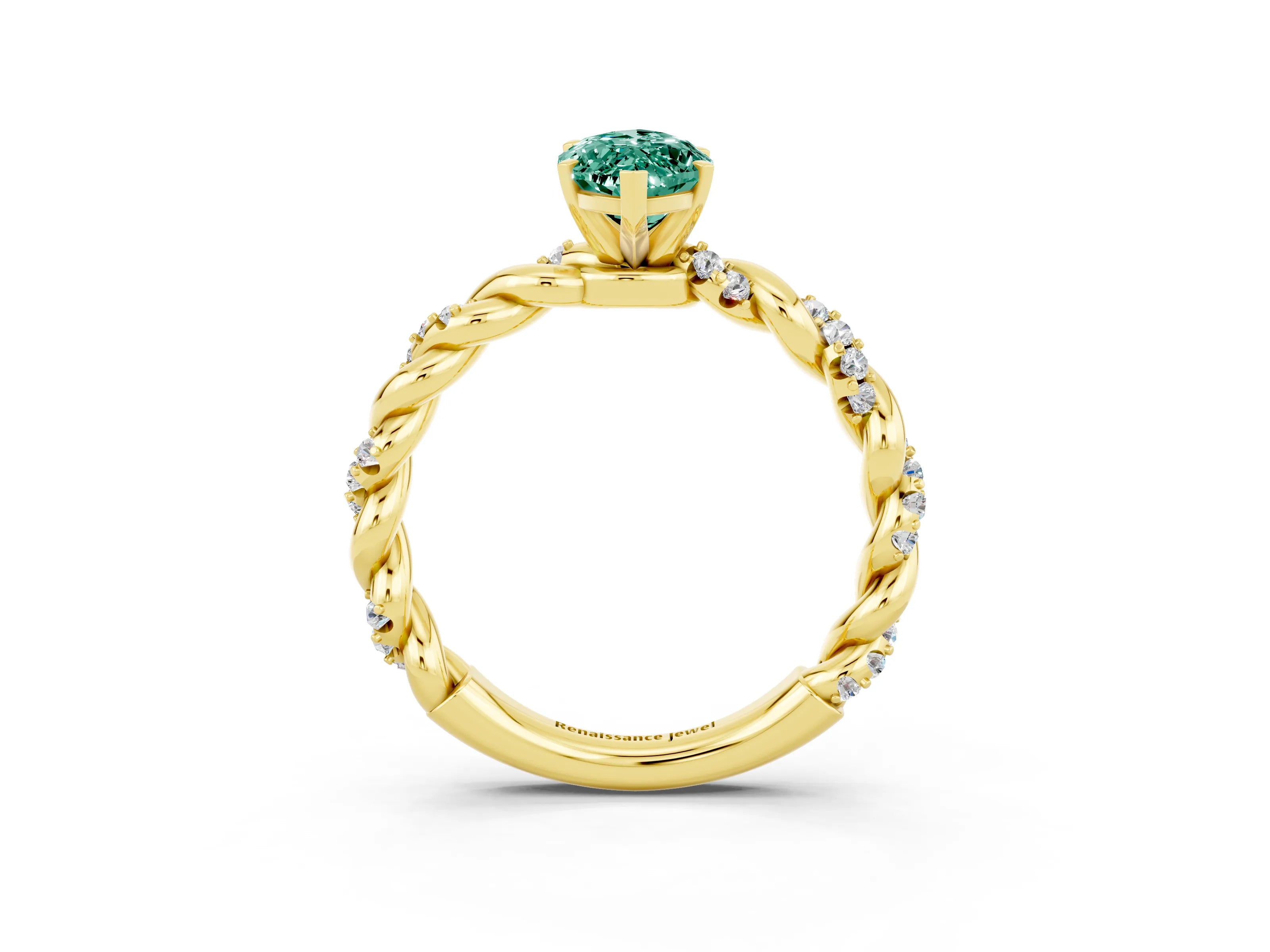 Yellow gold Marquise Cut Green Sapphire Solitaire Ring with Twisted Band and Pavé Accents_3