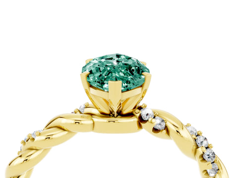 Yellow gold Marquise Cut Green Sapphire Solitaire Ring with Twisted Band and Pavé Accents_4