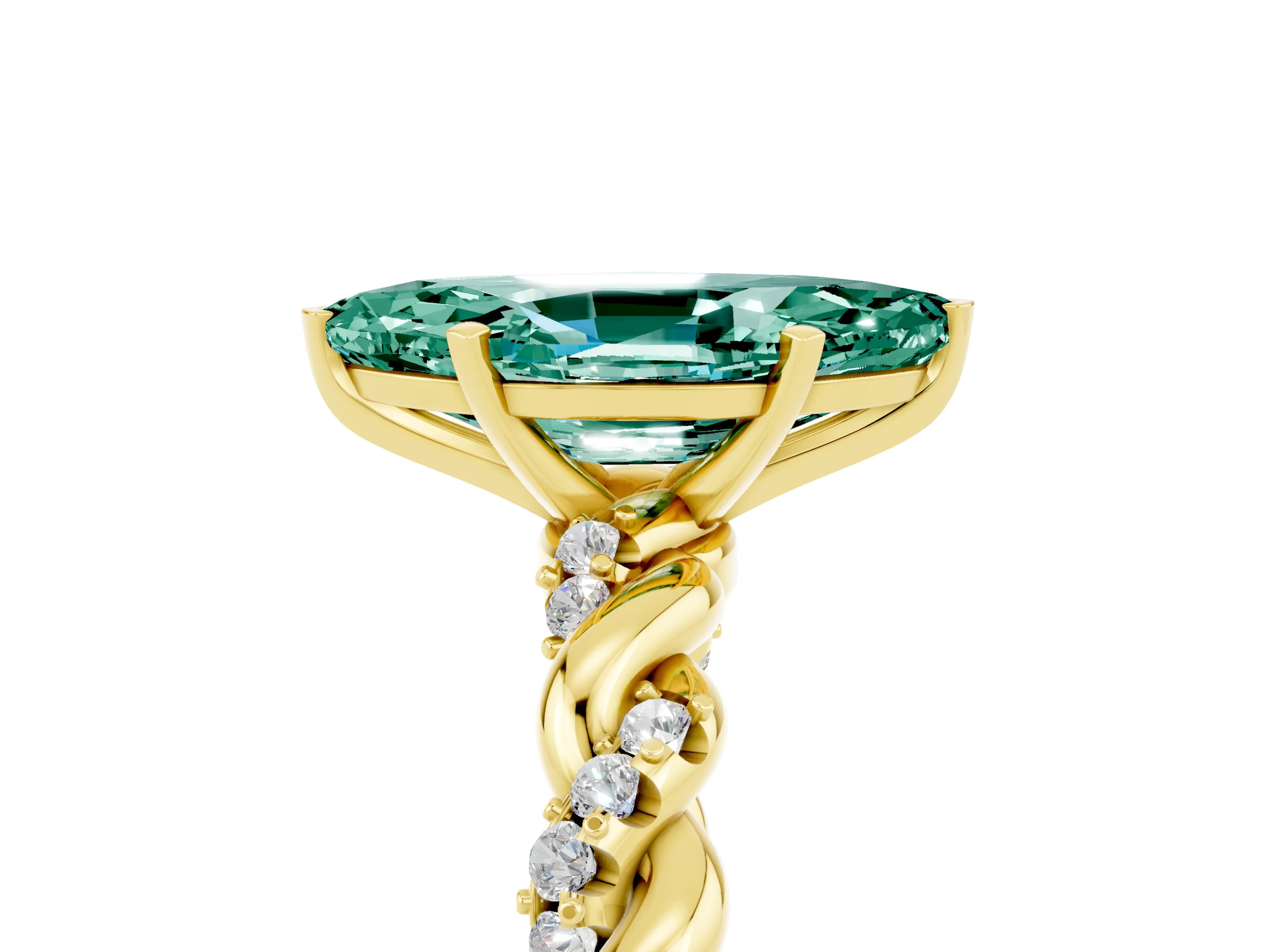 Yellow gold Marquise Cut Green Sapphire Solitaire Ring with Twisted Band and Pavé Accents_5