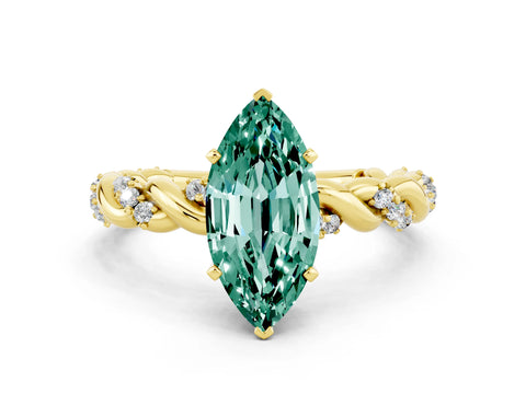 Yellow gold Marquise Cut Green Sapphire Solitaire Ring with Twisted Band and Pavé Accents