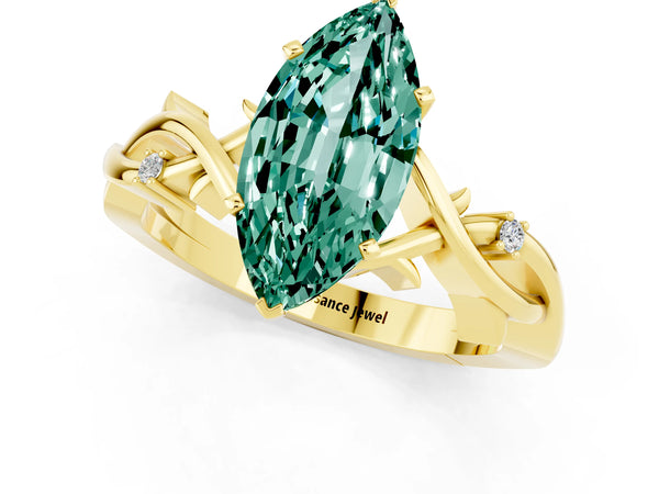 Yellow gold Marquise Cut Green Sapphire Solitaire Ring with Twisted Band and Prong Setting