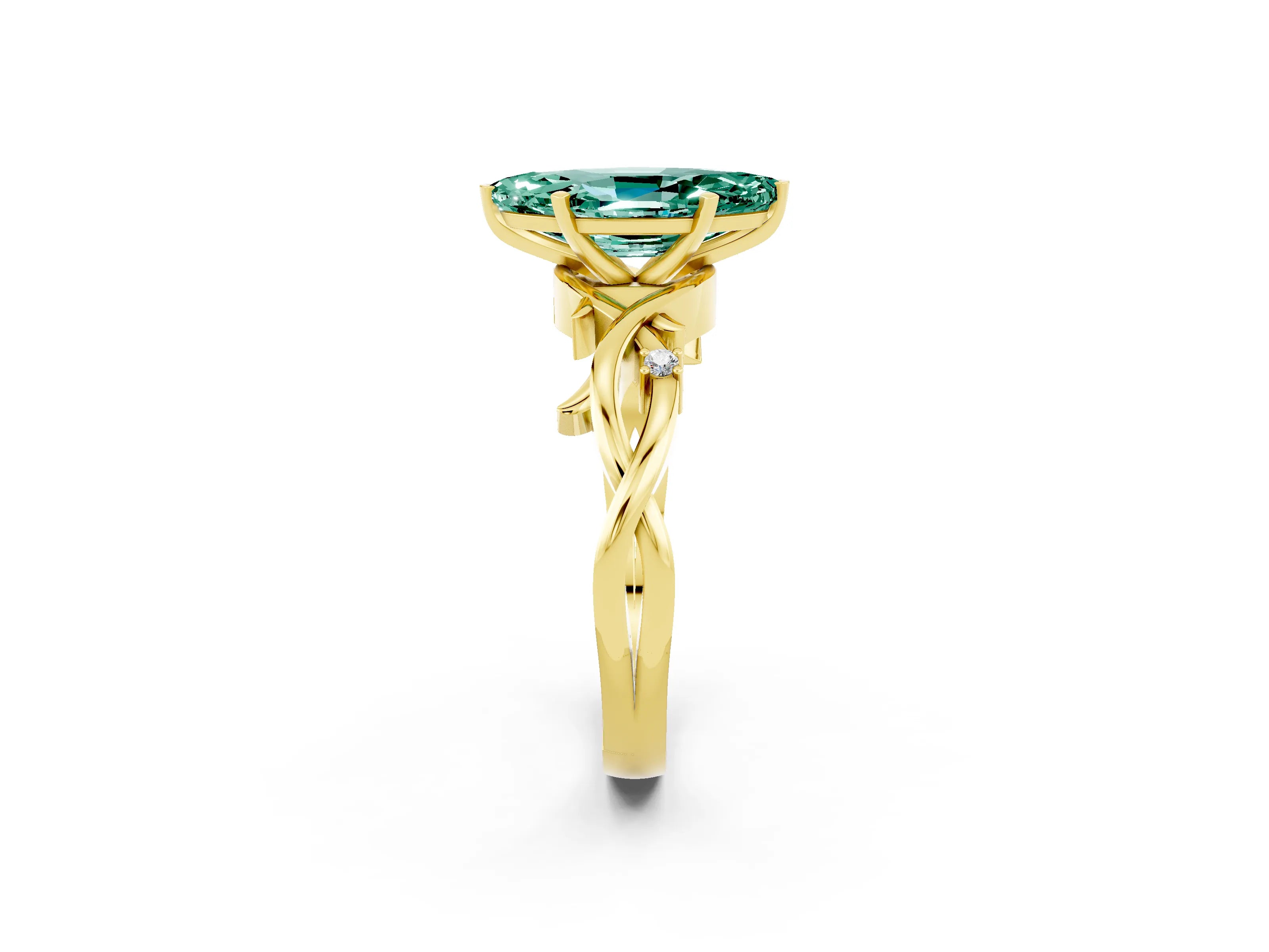 Yellow gold Marquise Cut Green Sapphire Solitaire Ring with Twisted Band and Prong Setting_2