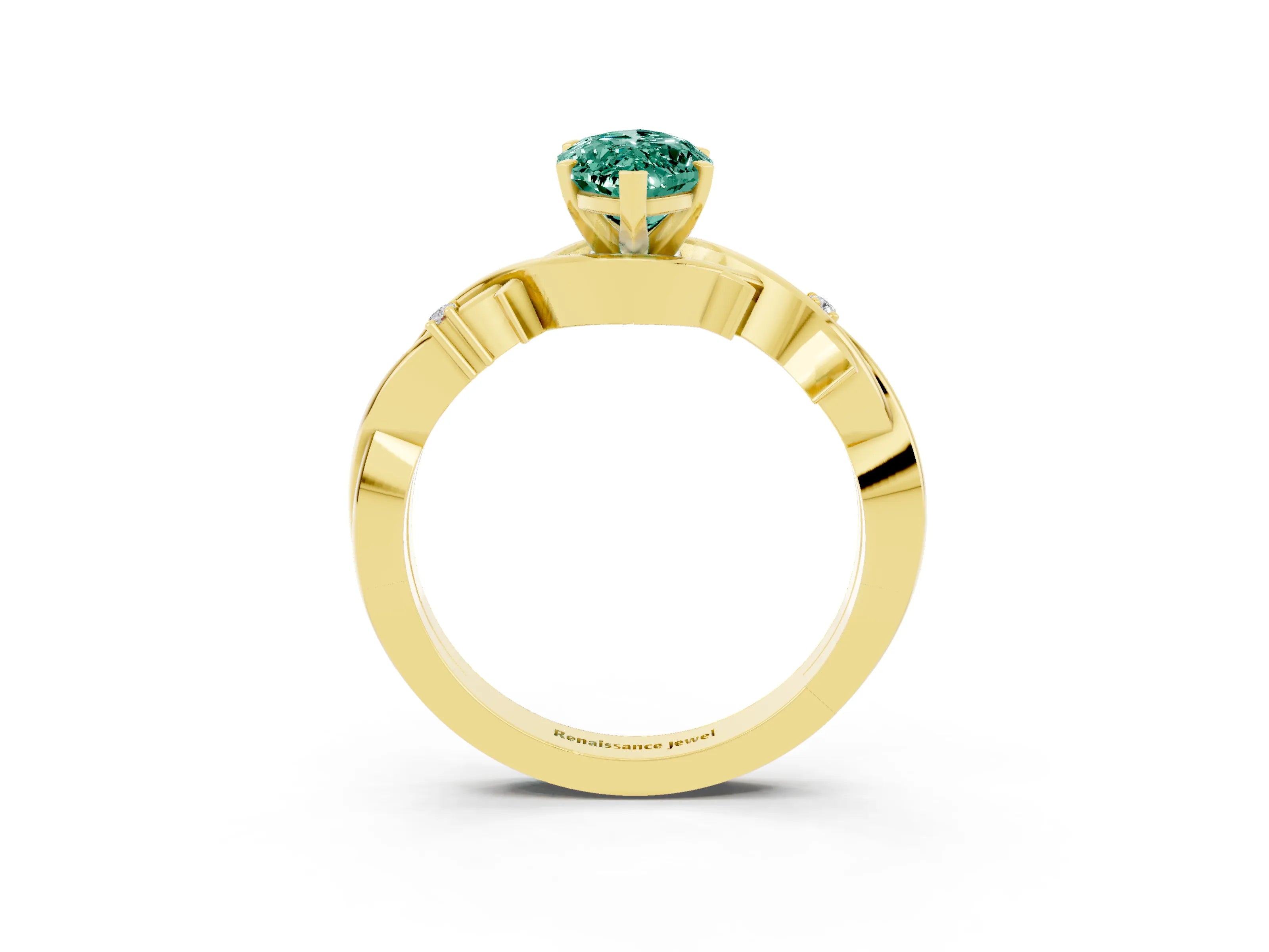 Yellow gold Marquise Cut Green Sapphire Solitaire Ring with Twisted Band and Prong Setting_3