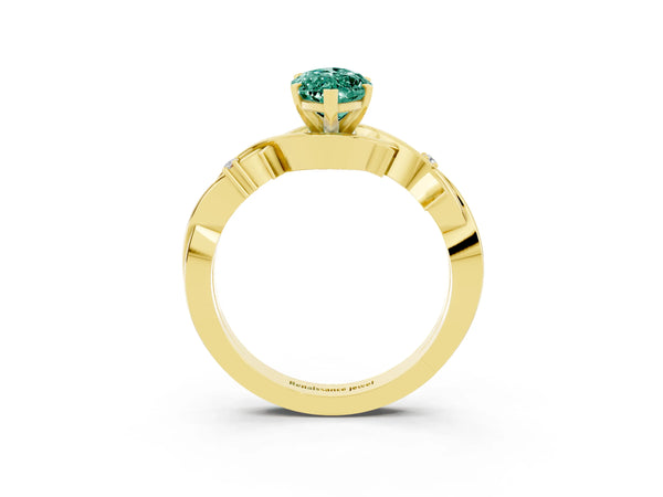 Yellow gold Marquise Cut Green Sapphire Solitaire Ring with Twisted Band and Prong Setting