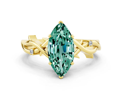 Yellow gold Marquise Cut Green Sapphire Solitaire Ring with Twisted Band and Prong Setting