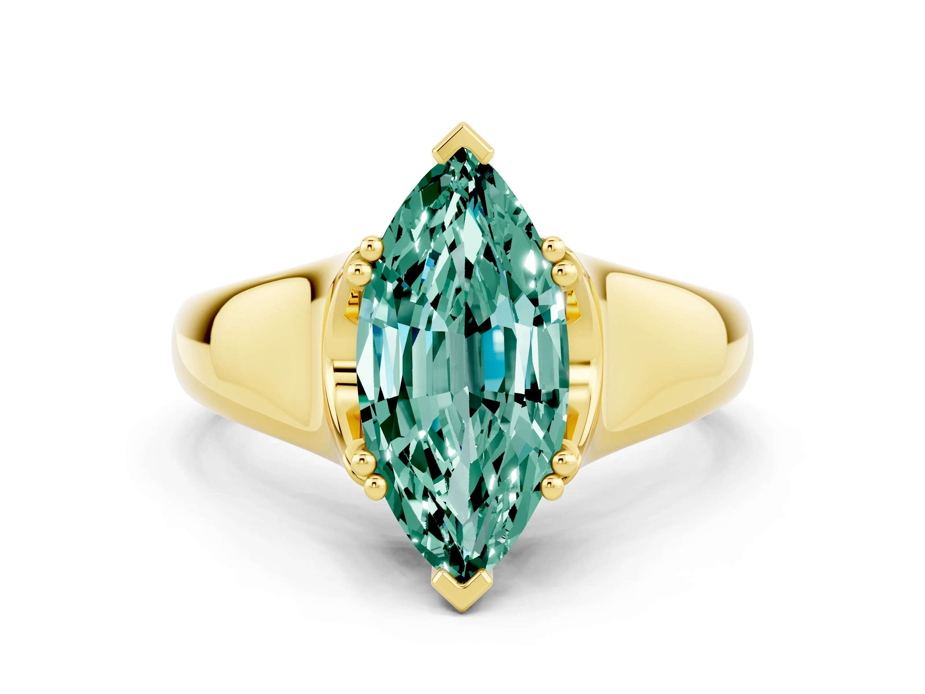 Yellow gold Marquise Cut Green Sapphire Solitaire Ring with Wide Band and Prong Setting