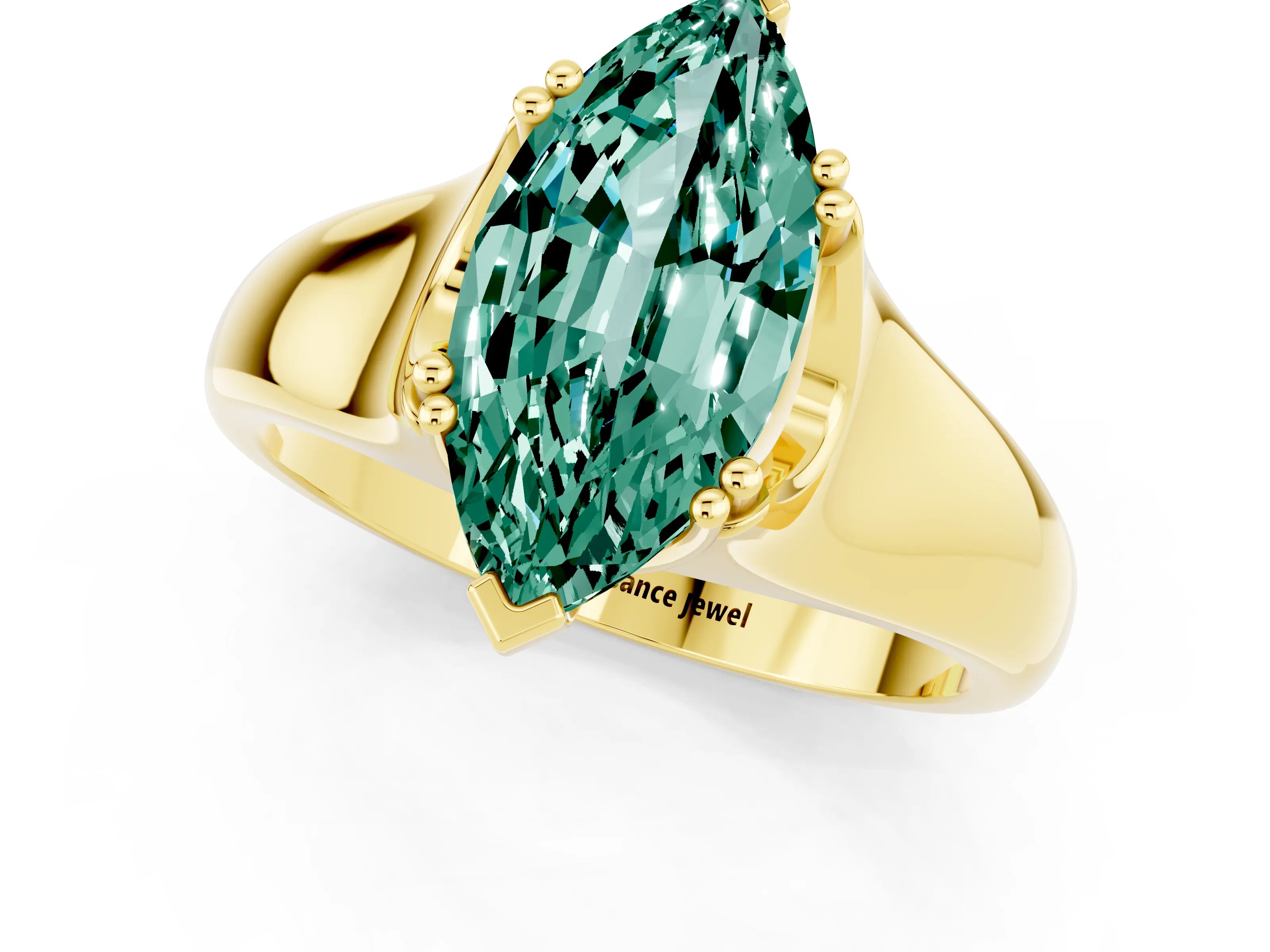 Yellow gold Marquise Cut Green Sapphire Solitaire Ring with Wide Band and Prong Setting_1