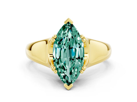 Yellow gold Marquise Cut Green Sapphire Solitaire Ring with Wide Band and Prong Setting