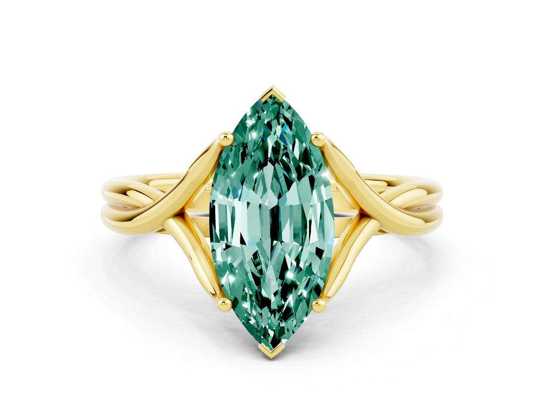 Yellow gold Marquise Cut Green Sapphire Solitaire Twist Band Prong Setting Ring_48