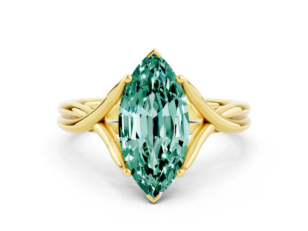 Yellow gold Marquise Cut Green Sapphire Solitaire Twist Band Prong Setting Ring
