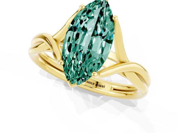 Yellow gold Marquise Cut Green Sapphire Solitaire Twist Band Prong Setting Ring