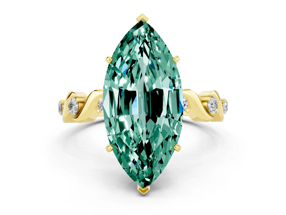 Yellow gold Marquise Cut Green Sapphire Solitaire Twisted Band with Round  Accents and Prong Setting_12