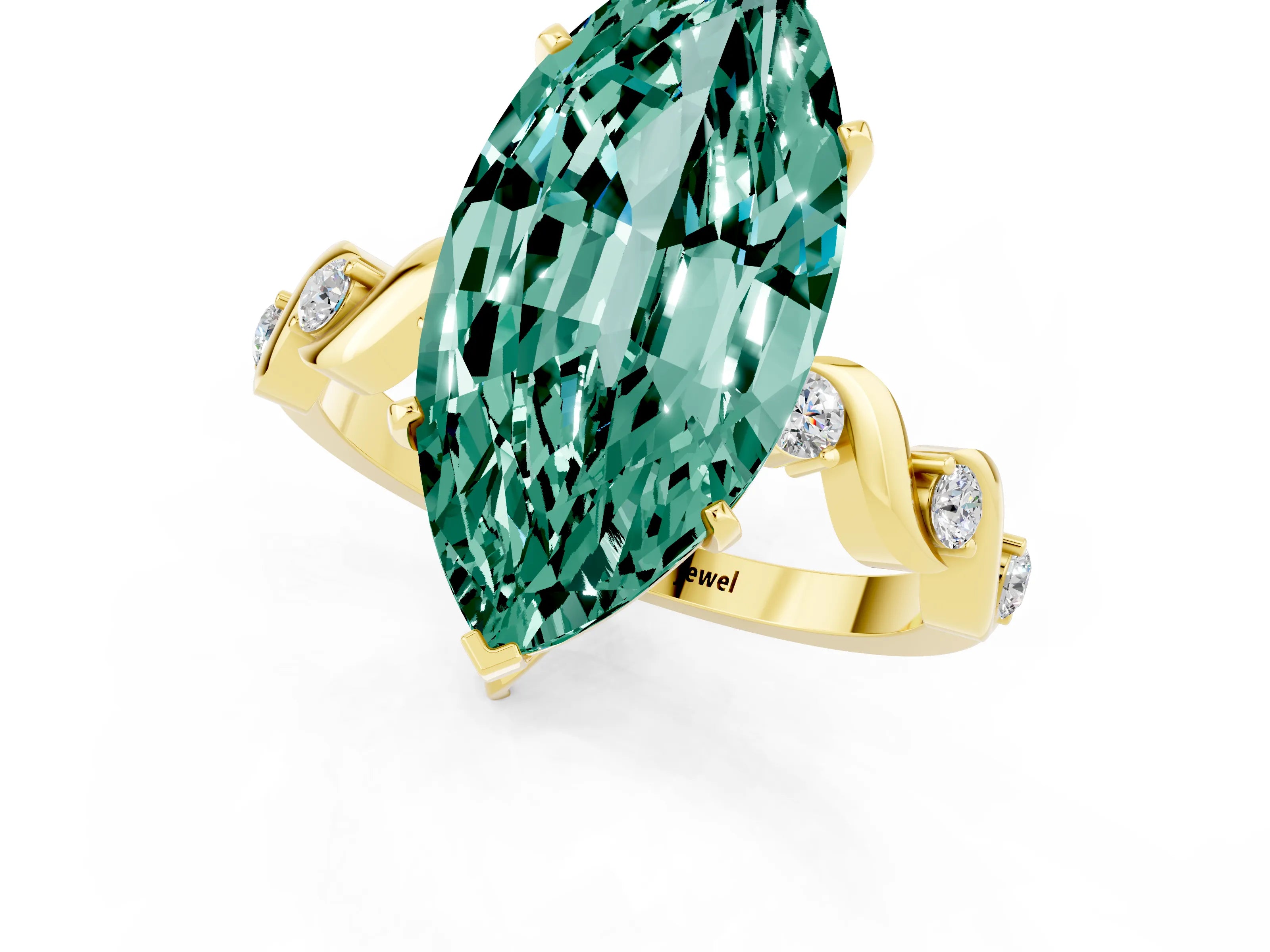 Yellow gold Marquise Cut Green Sapphire Solitaire Twisted Band with Round  Accents and Prong Setting_13