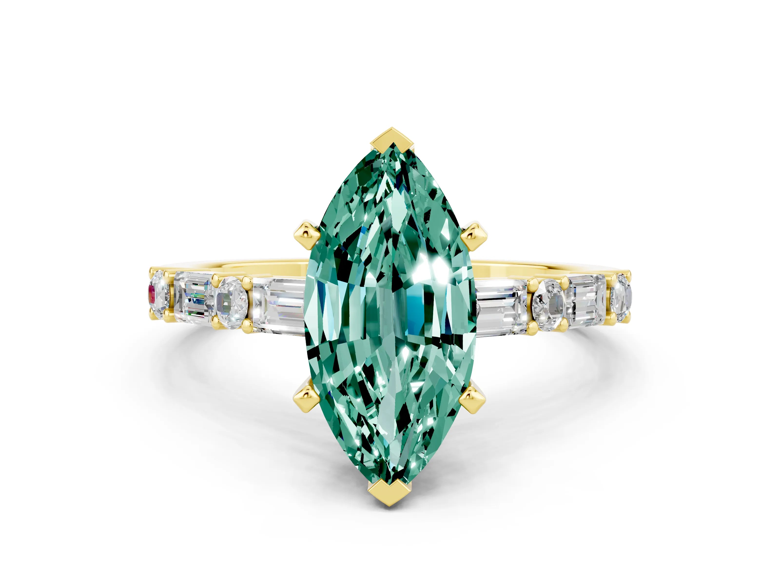 Yellow gold Marquise Cut Green Sapphire Solitaire with Side Baguettes and Channel Set Band