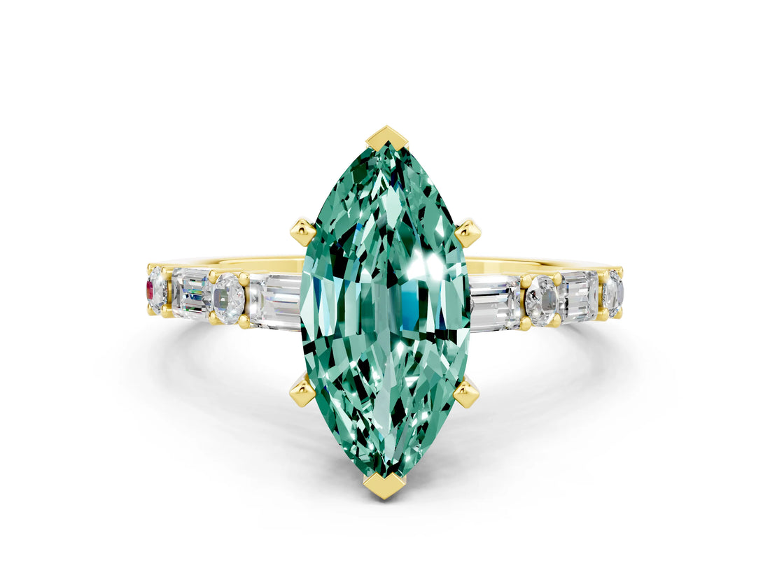 Yellow gold Marquise Cut Green Sapphire Solitaire with Side Baguettes and Channel Set Band