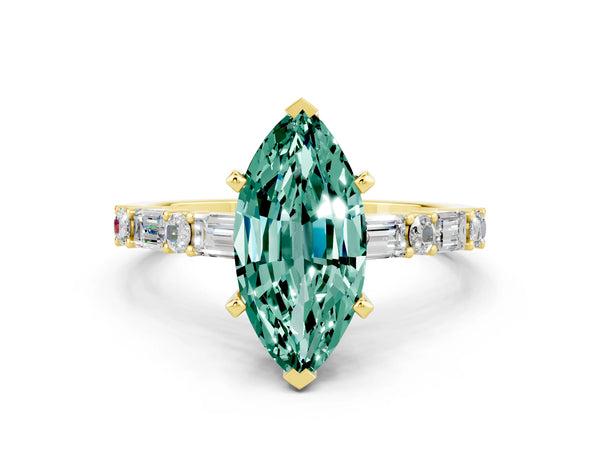 Yellow gold Marquise Cut Green Sapphire Solitaire with Side Baguettes and Channel Set Band