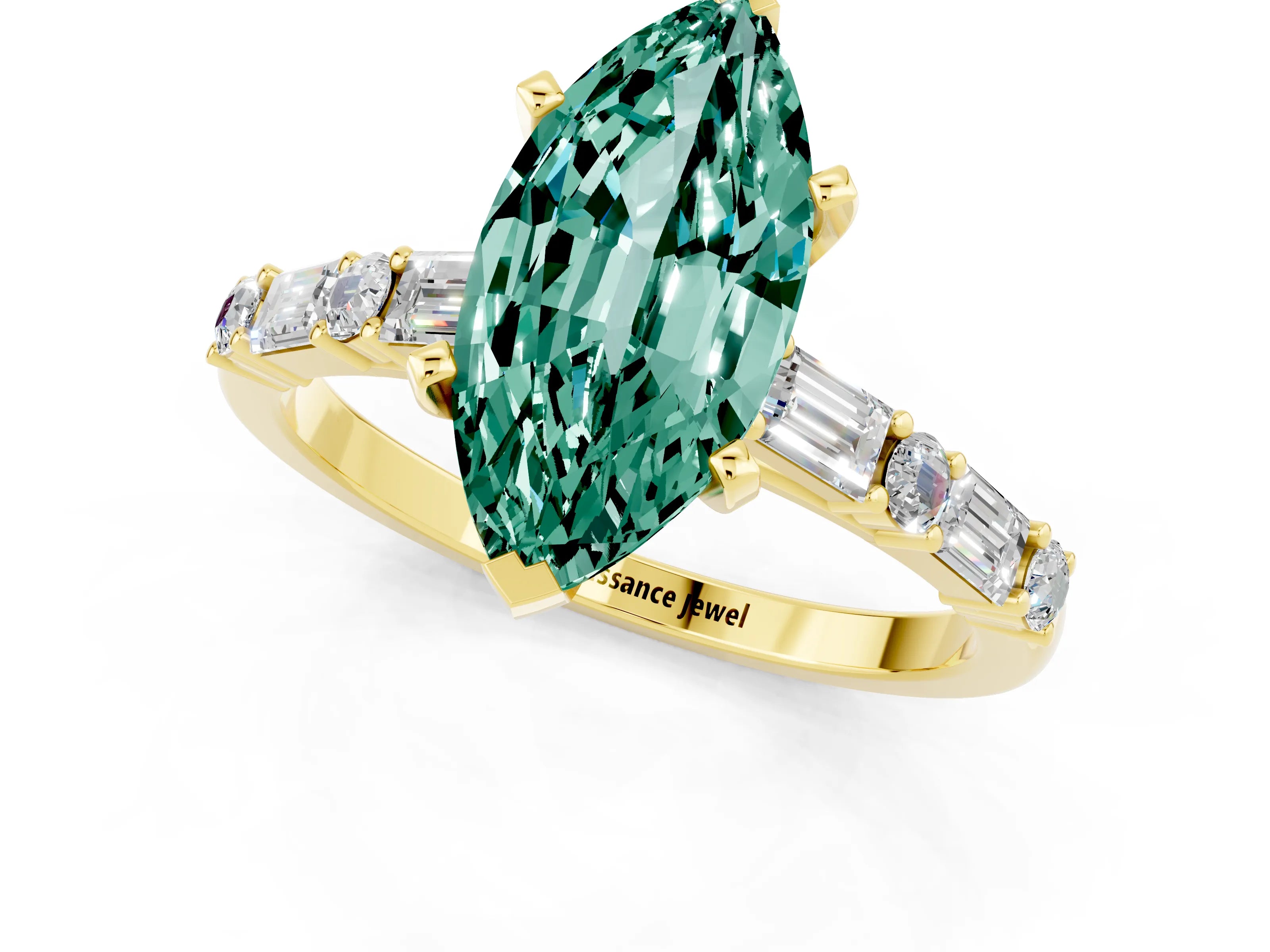 Yellow gold Marquise Cut Green Sapphire Solitaire with Side Baguettes and Channel Set Band_1