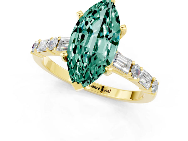 Yellow gold Marquise Cut Green Sapphire Solitaire with Side Baguettes and Channel Set Band
