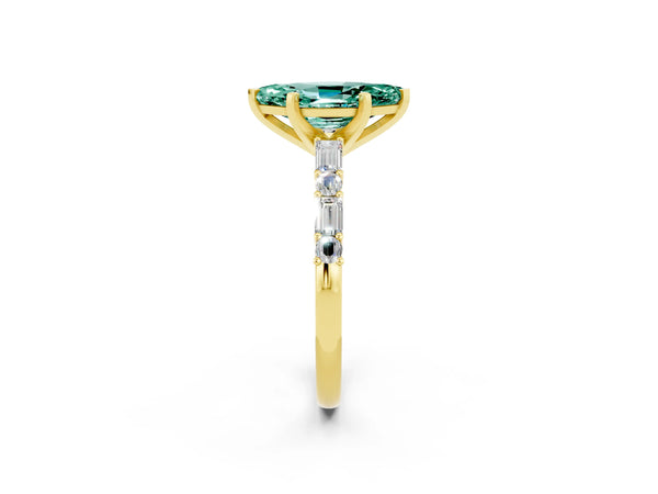 Yellow gold Marquise Cut Green Sapphire Solitaire with Side Baguettes and Channel Set Band