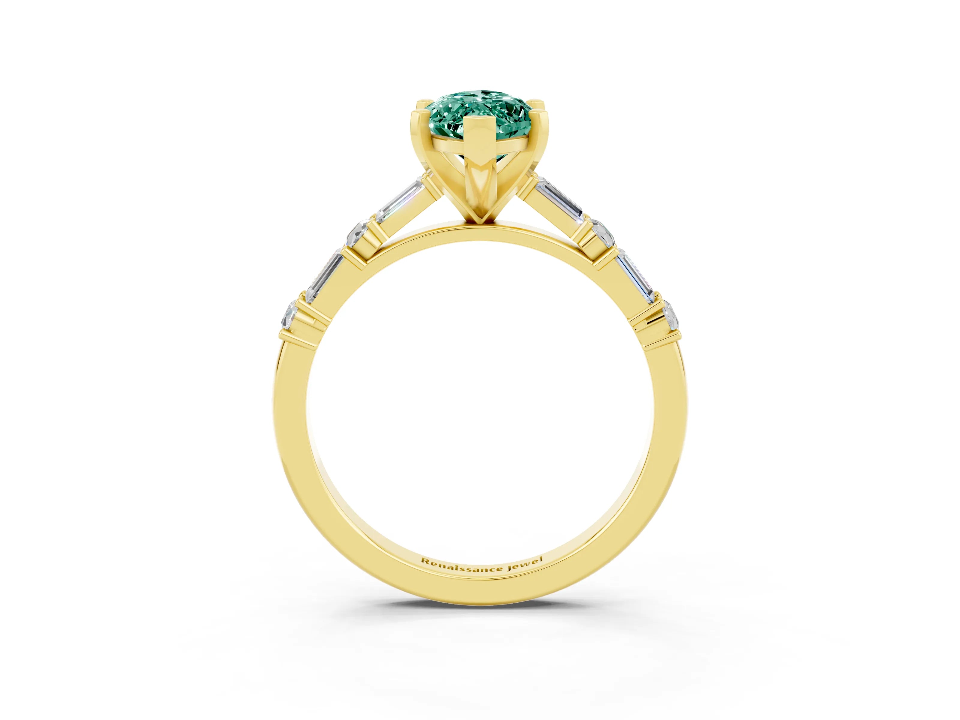 Yellow gold Marquise Cut Green Sapphire Solitaire with Side Baguettes and Channel Set Band_3