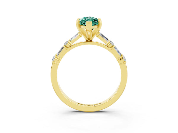 Yellow gold Marquise Cut Green Sapphire Solitaire with Side Baguettes and Channel Set Band