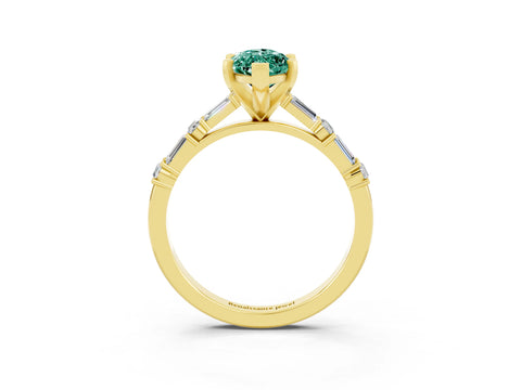 Yellow gold Marquise Cut Green Sapphire Solitaire with Side Baguettes and Channel Set Band_3