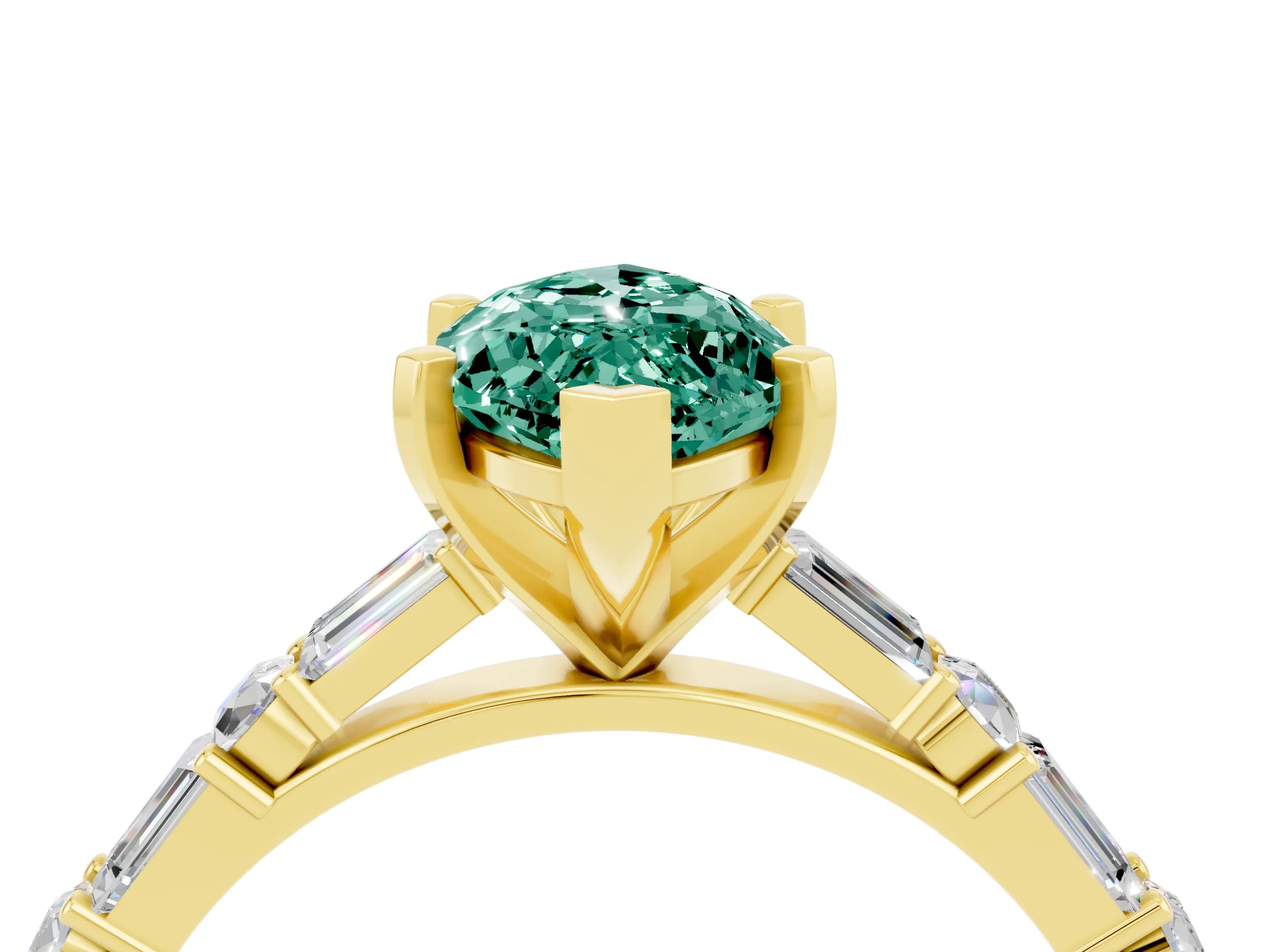 Yellow gold Marquise Cut Green Sapphire Solitaire with Side Baguettes and Channel Set Band_4