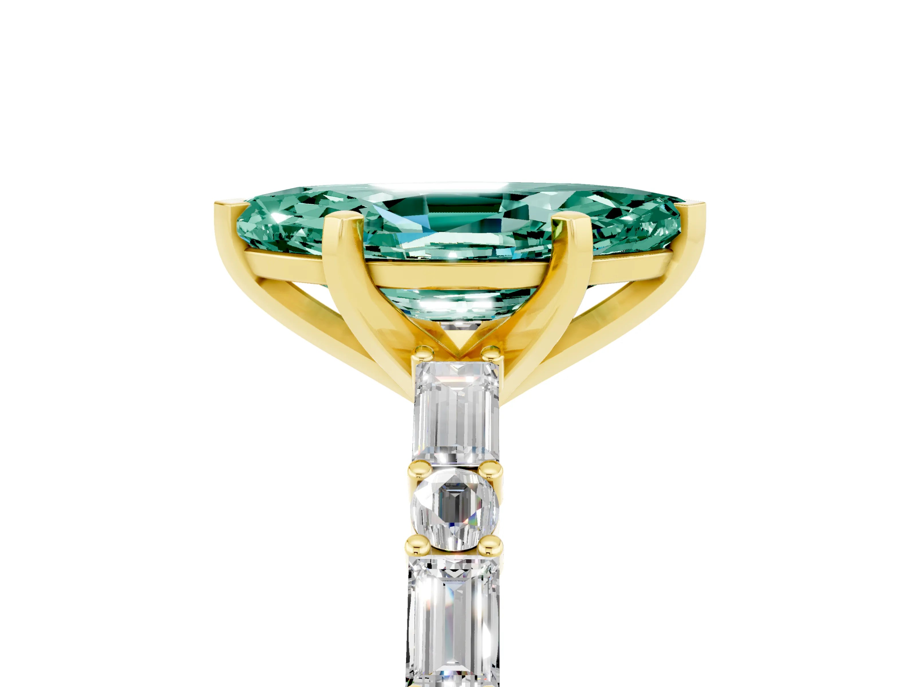 Yellow gold Marquise Cut Green Sapphire Solitaire with Side Baguettes and Channel Set Band_5