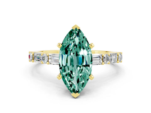 Yellow gold Marquise Cut Green Sapphire Solitaire with Side Baguettes and Channel Set Band