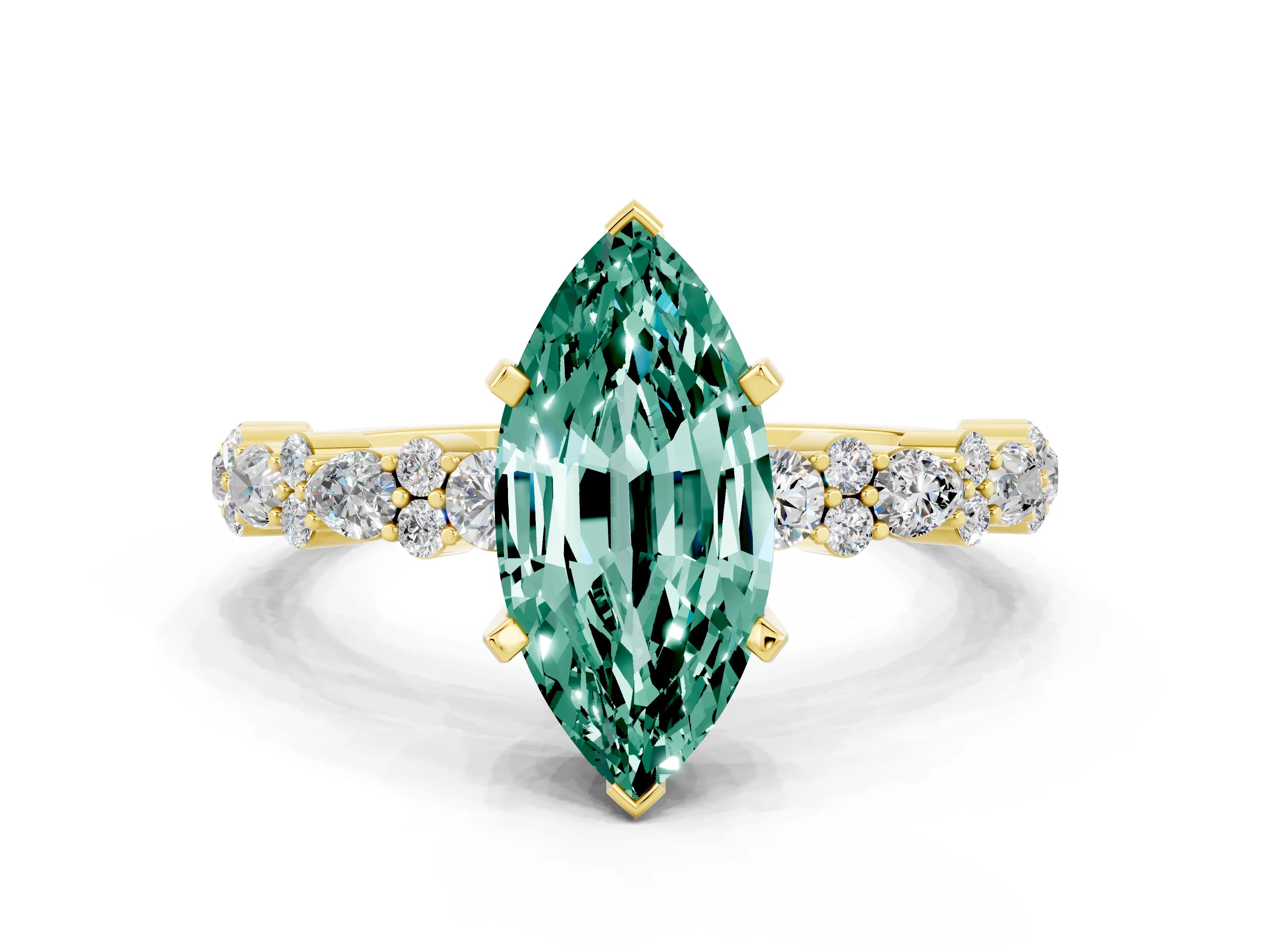 Yellow gold Marquise Cut Green Sapphire Solitaire with Side Stones, Pave Band, Four-Prong Setting_36