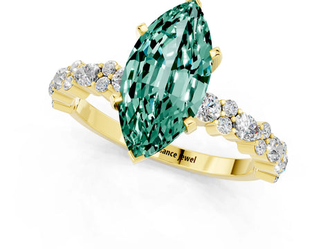 Yellow gold Marquise Cut Green Sapphire Solitaire with Side Stones, Pave Band, Four-Prong Setting_37