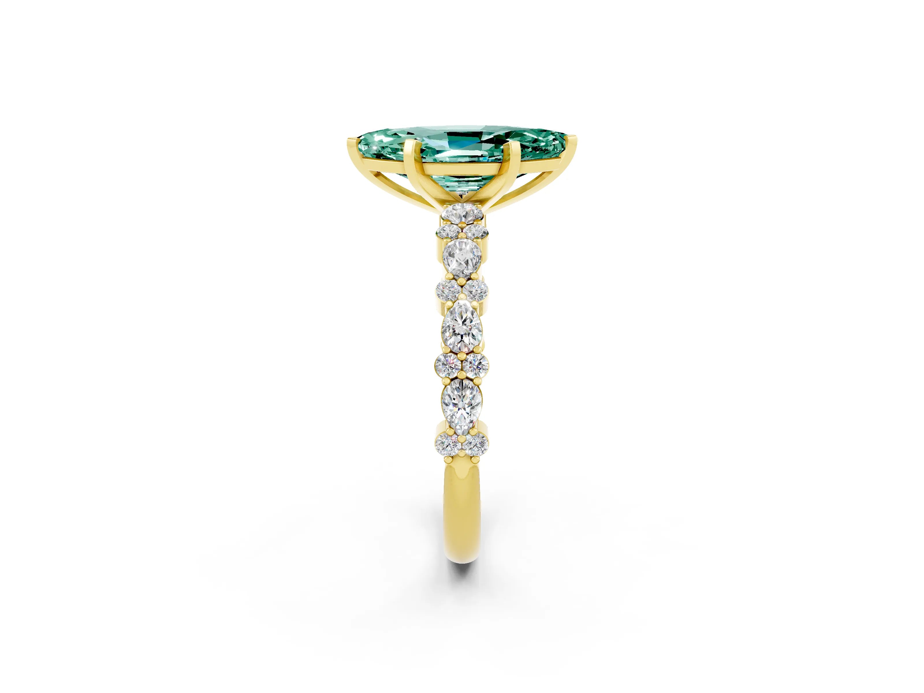 Yellow gold Marquise Cut Green Sapphire Solitaire with Side Stones, Pave Band, Four-Prong Setting_38