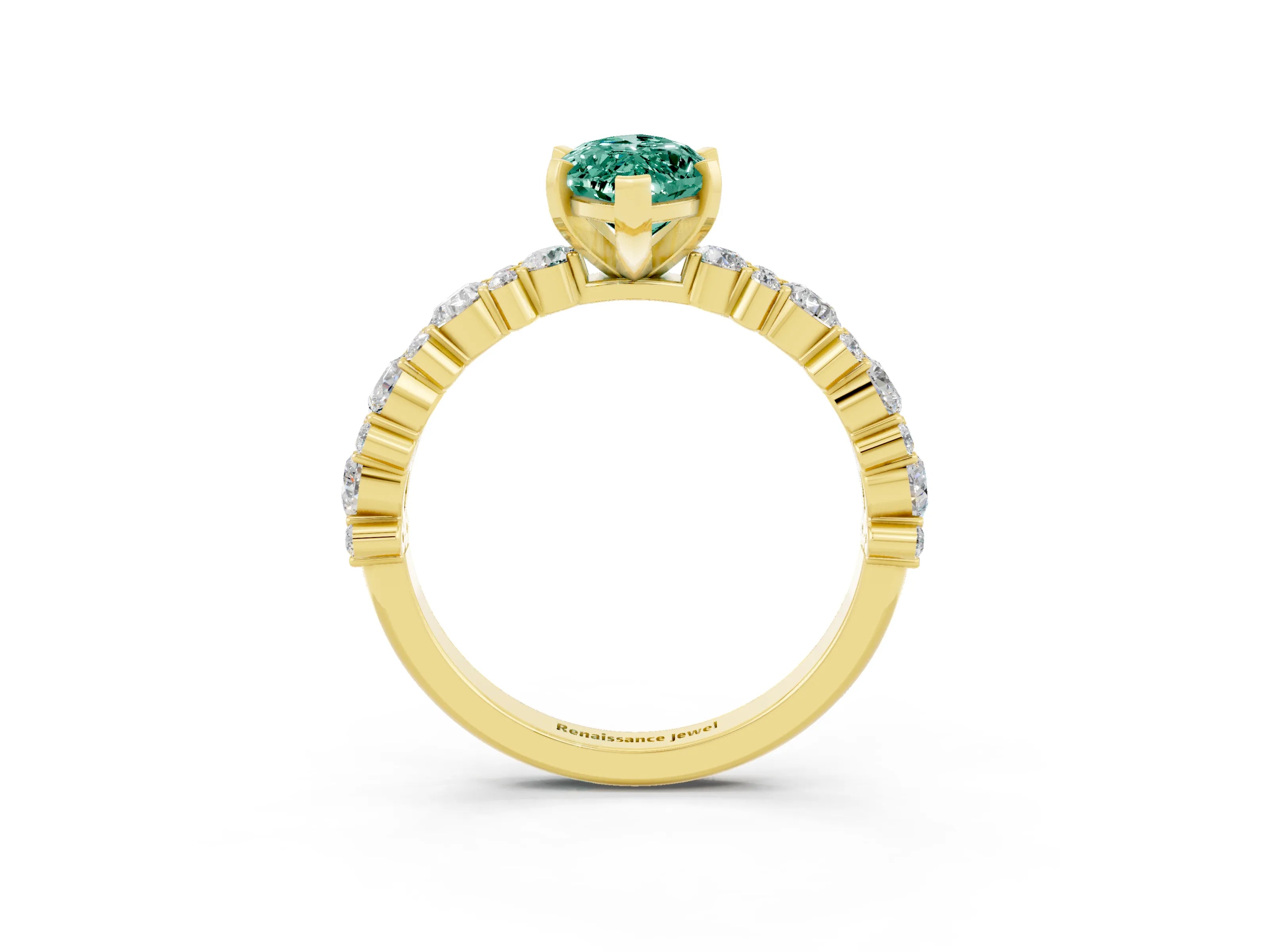 Yellow gold Marquise Cut Green Sapphire Solitaire with Side Stones, Pave Band, Four-Prong Setting_39