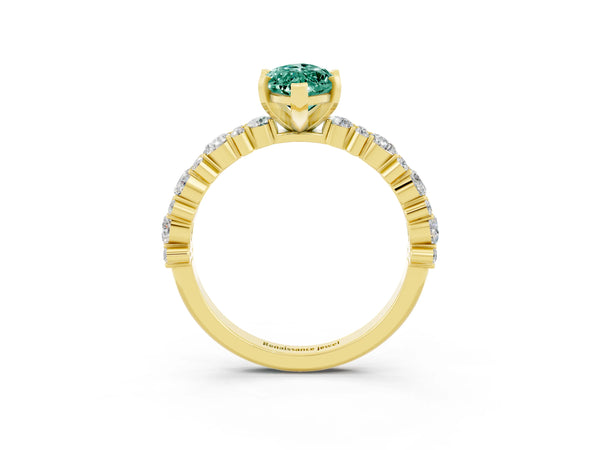 Yellow gold Marquise Cut Green Sapphire Side Stone Solitaire Ring with Round  and Four-Prong Setting