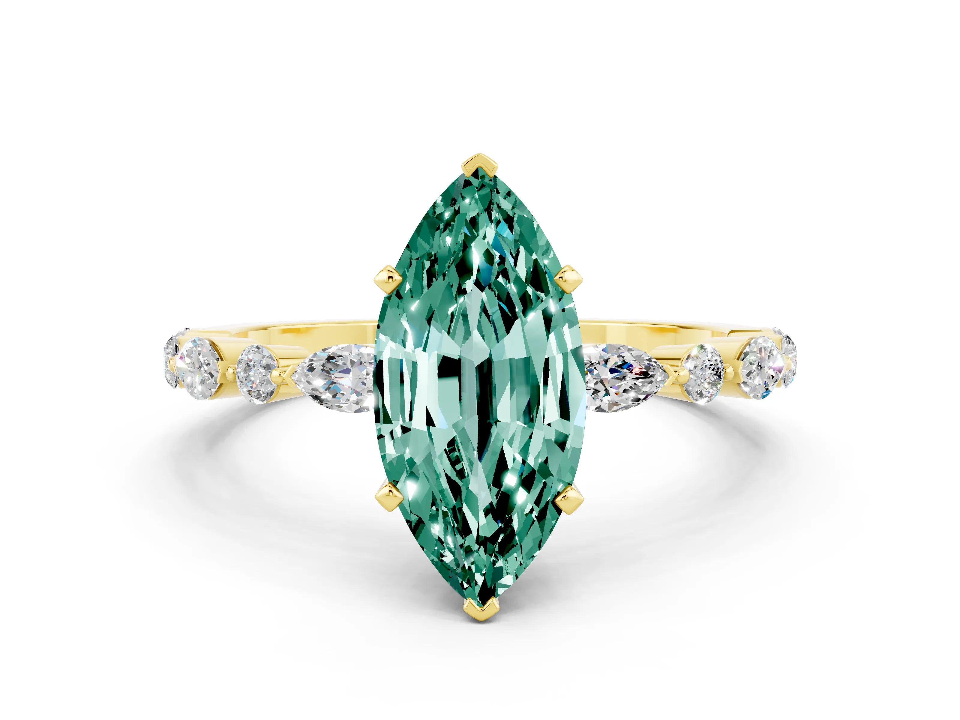 Yellow gold Marquise Cut Green Sapphire Solitaire with Side Stones on a Pavé Band and Four-Prong Setting