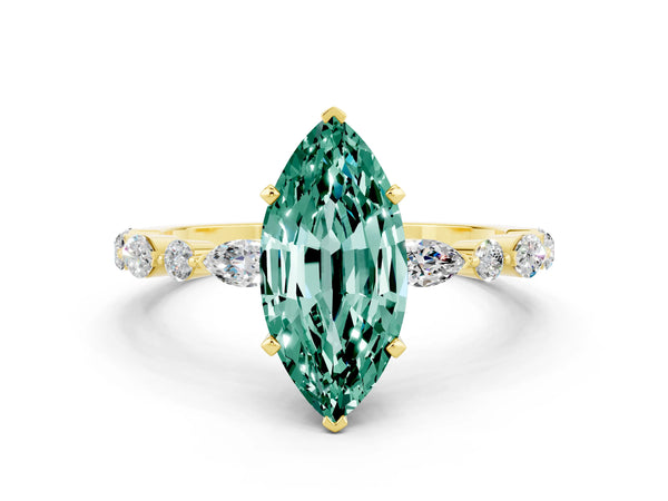 Yellow gold Marquise Cut Green Sapphire Ring with Marquise and Round  Side Stones and Four-Prong Setting